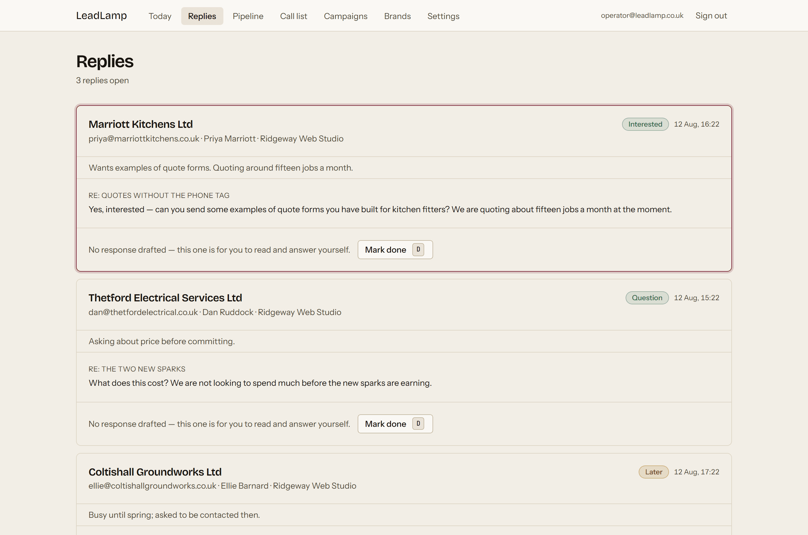 The LeadLamp Replies screen, with replies labelled interested, question and later, each with a drafted response.